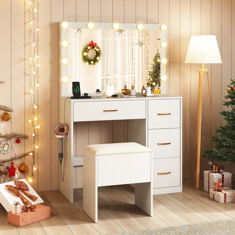 Vanity Desk with Mirror and Lights Makeup Dressing Table with Power Outlets-White by DirectDeals