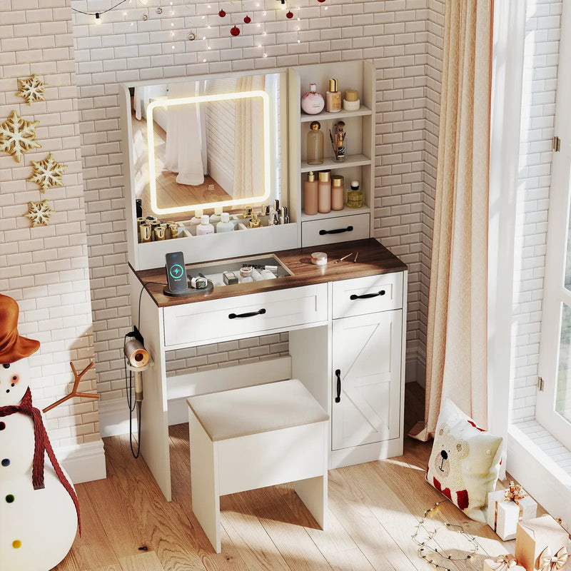 Vanity Desk with Mirror and Lights Farmhouse Makeup Dressing Table-White by DirectDeals