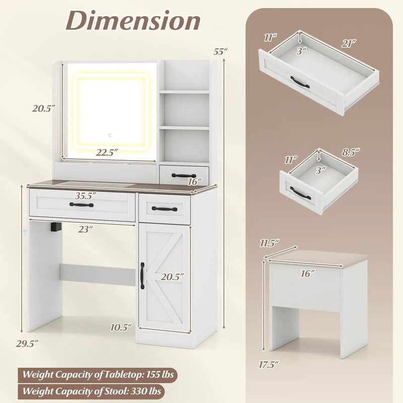 Vanity Desk with Mirror and Lights Farmhouse Makeup Dressing Table-White by DirectDeals