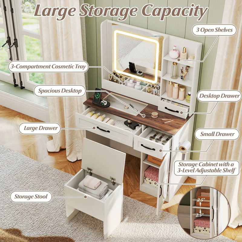 Vanity Desk with Mirror and Lights Farmhouse Makeup Dressing Table-White by DirectDeals