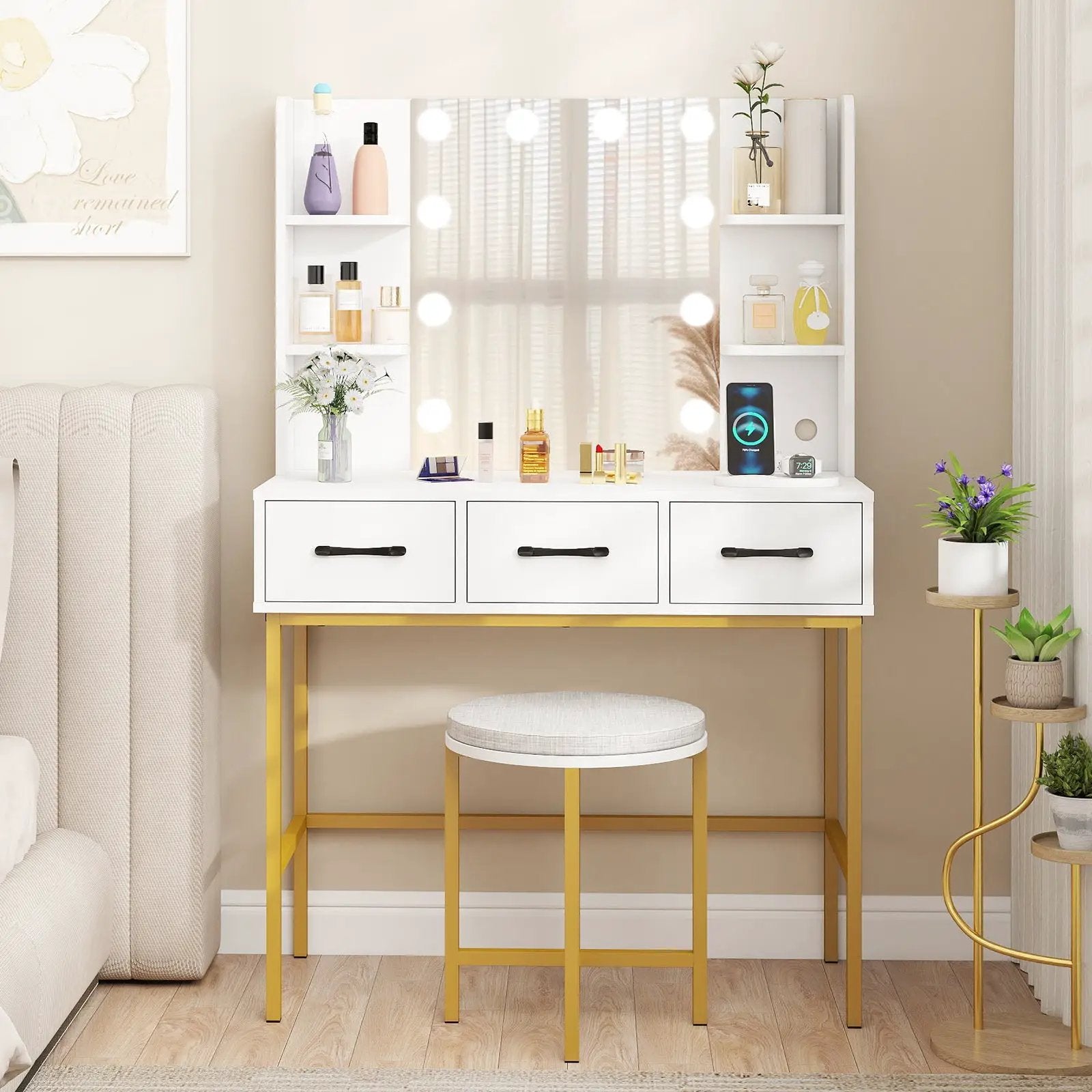 Vanity Desk with Mirror and Lights Makeup Dressing Table and Cushioned Stool Set-White by DirectDeals