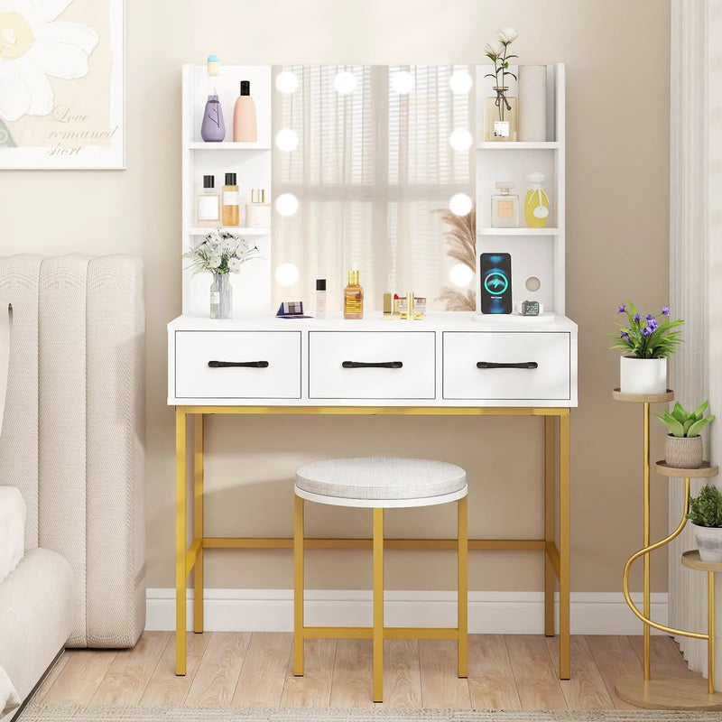 Vanity Desk with Mirror and Lights Makeup Dressing Table and Cushioned Stool Set-White by DirectDeals