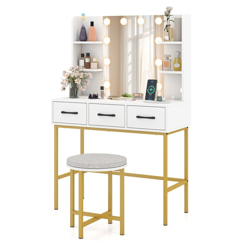 Vanity Desk with Mirror and Lights Makeup Dressing Table and Cushioned Stool Set-White by DirectDeals