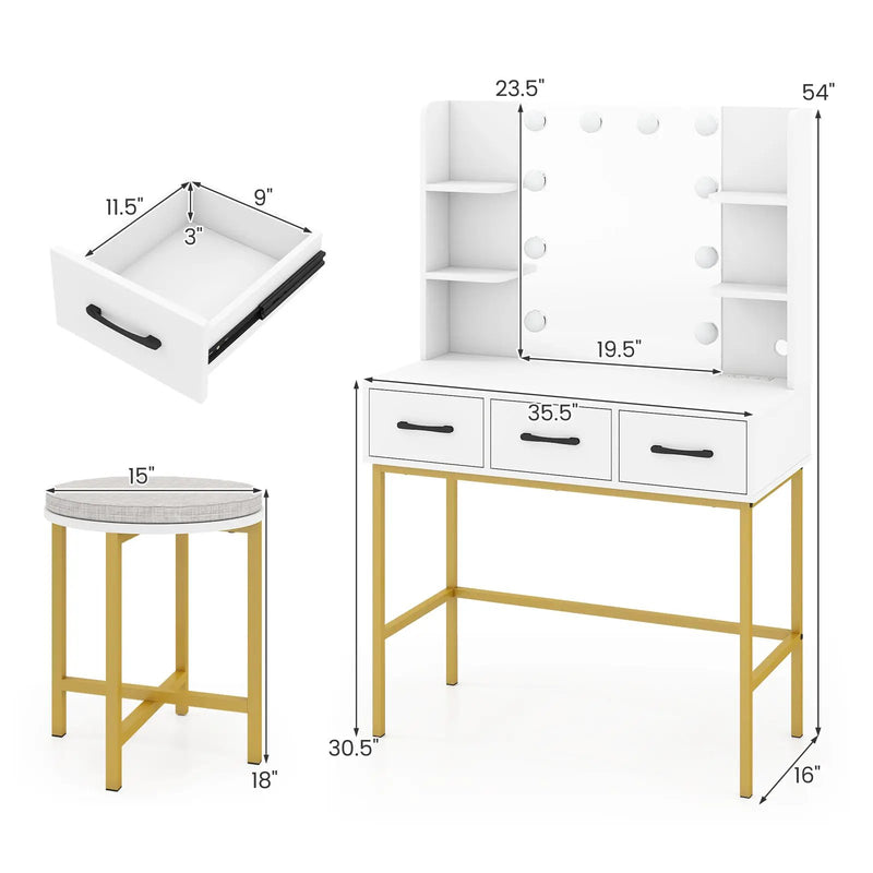 Vanity Desk with Mirror and Lights Makeup Dressing Table and Cushioned Stool Set-White by DirectDeals