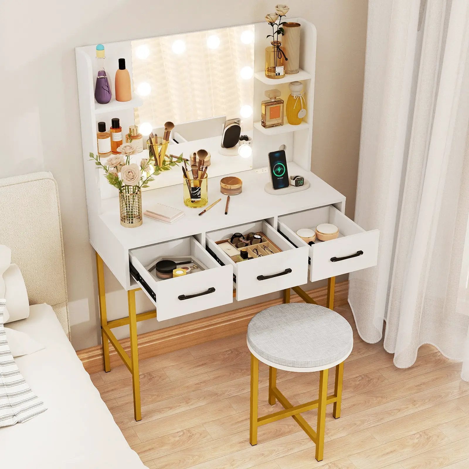 Vanity Desk with Mirror and Lights Makeup Dressing Table and Cushioned Stool Set-White by DirectDeals