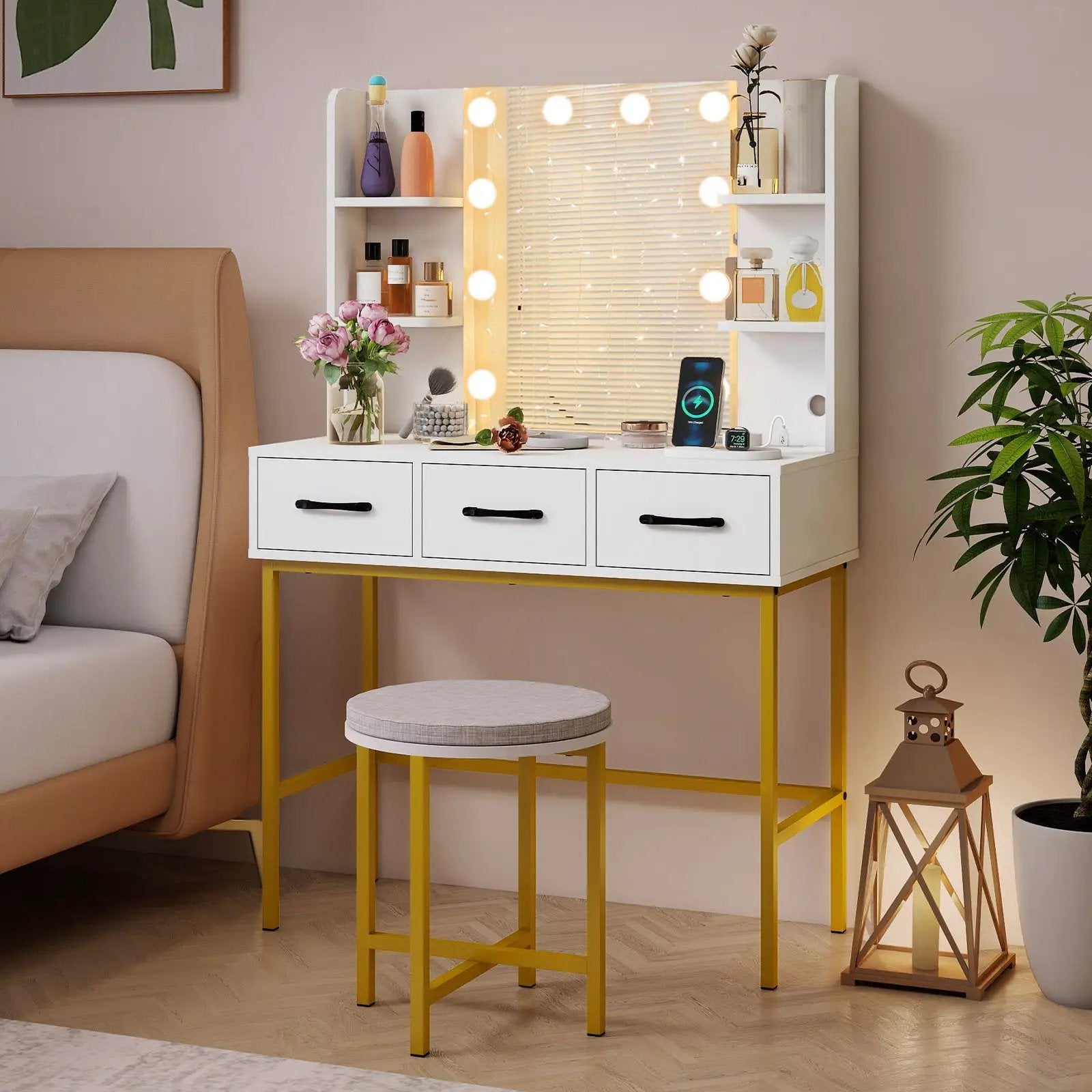 Vanity Desk with Mirror and Lights Makeup Dressing Table and Cushioned Stool Set-White by DirectDeals