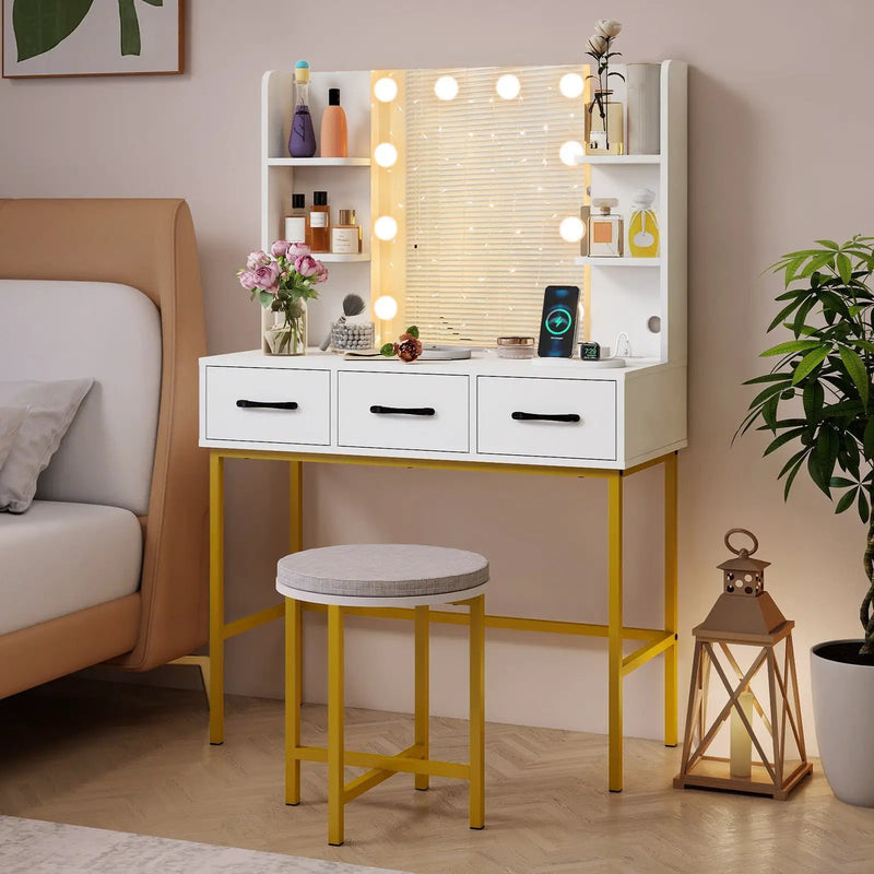 Vanity Desk with Mirror and Lights Makeup Dressing Table and Cushioned Stool Set-White by DirectDeals