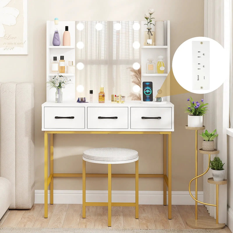 Vanity Desk with Mirror and Lights Makeup Dressing Table and Cushioned Stool Set-White by DirectDeals
