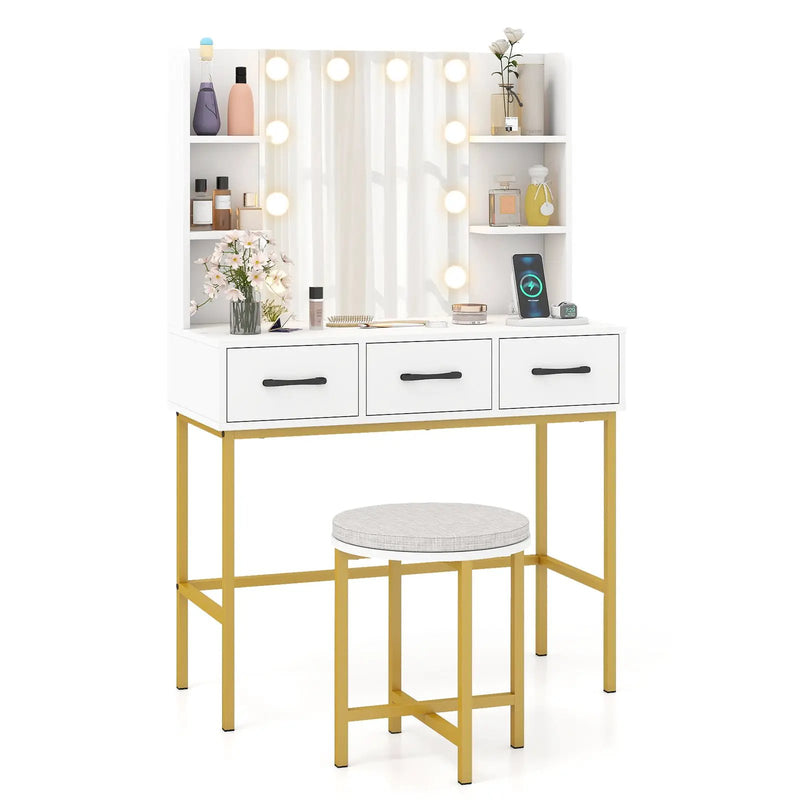 Vanity Desk with Mirror and Lights Makeup Dressing Table and Cushioned Stool Set-White by DirectDeals