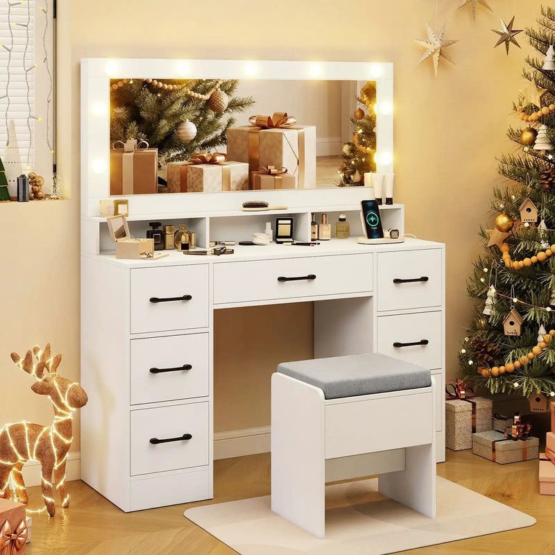 Vanity Desk with Mirror and Lights Makeup Table with Power Outlets by DirectDeals