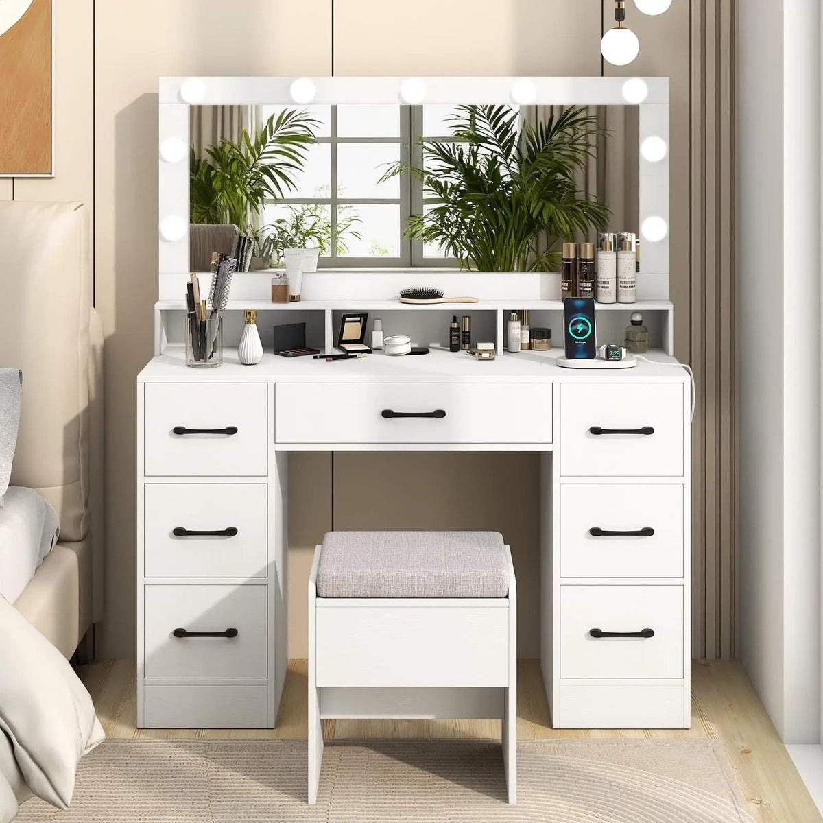 Vanity Desk with Mirror and Lights Makeup Table with Power Outlets by DirectDeals