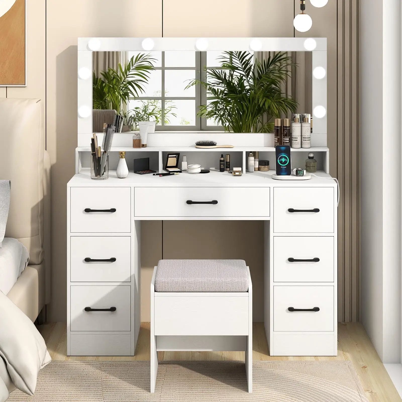 Vanity Desk with Mirror and Lights Makeup Table with Power Outlets by DirectDeals