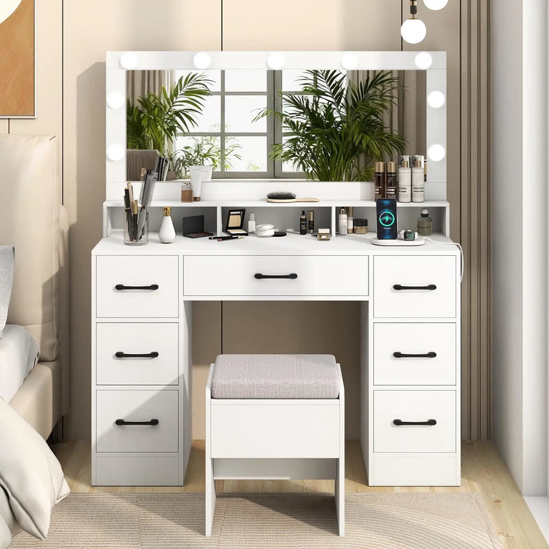 Vanity Desk with Mirror and Lights Makeup Table with Power Outlets by DirectDeals
