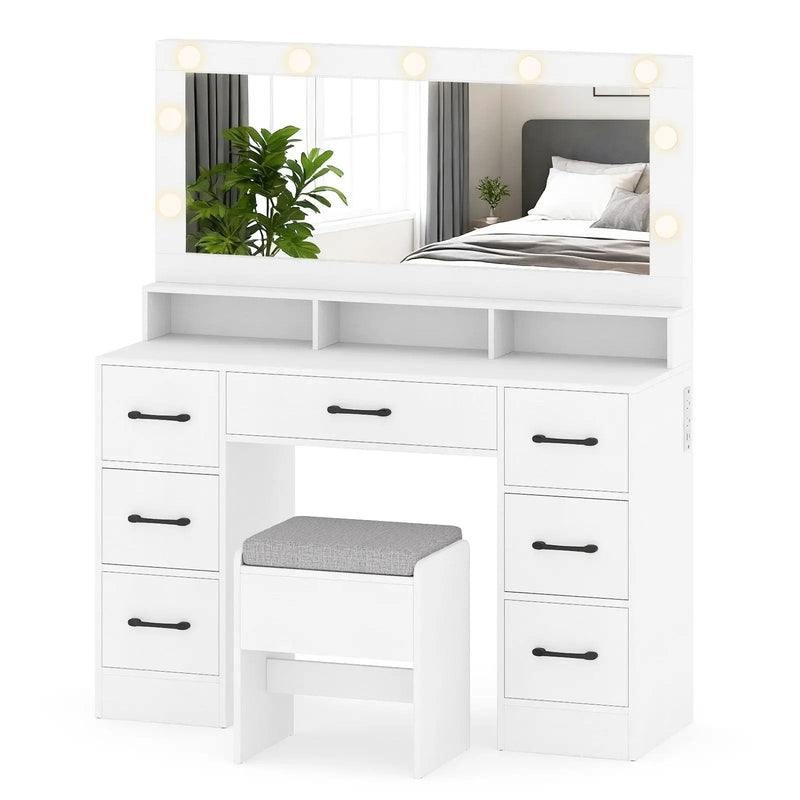 Vanity Desk with Mirror and Lights Makeup Table with Power Outlets by DirectDeals