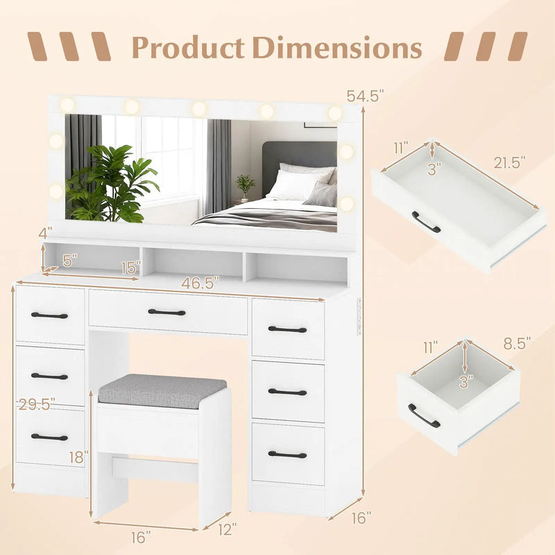 Vanity Desk with Mirror and Lights Makeup Table with Power Outlets by DirectDeals