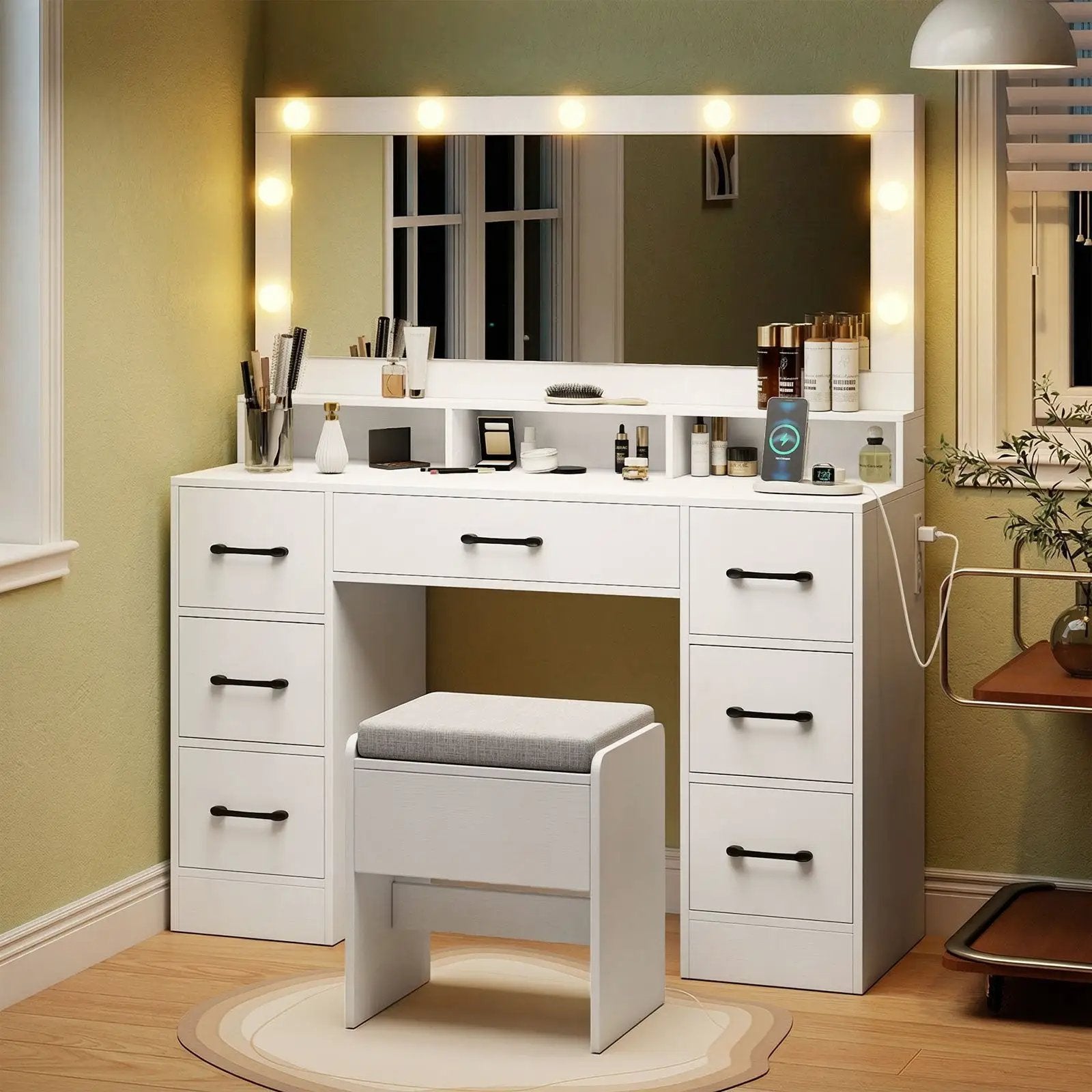 Vanity Desk with Mirror and Lights Makeup Table with Power Outlets by DirectDeals