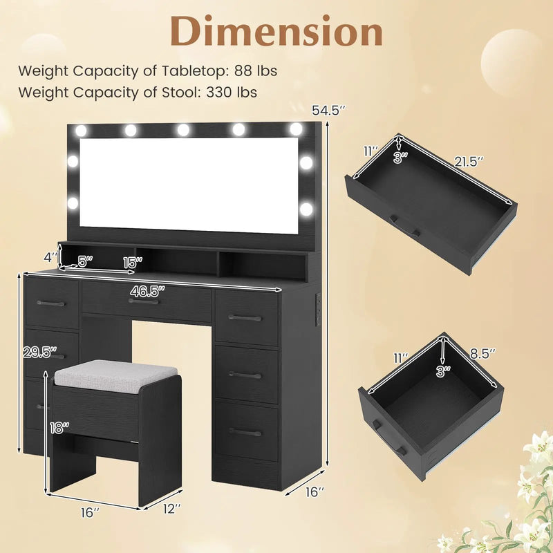 Vanity Desk with Mirror and Lights Makeup Table with Power Outlets by DirectDeals