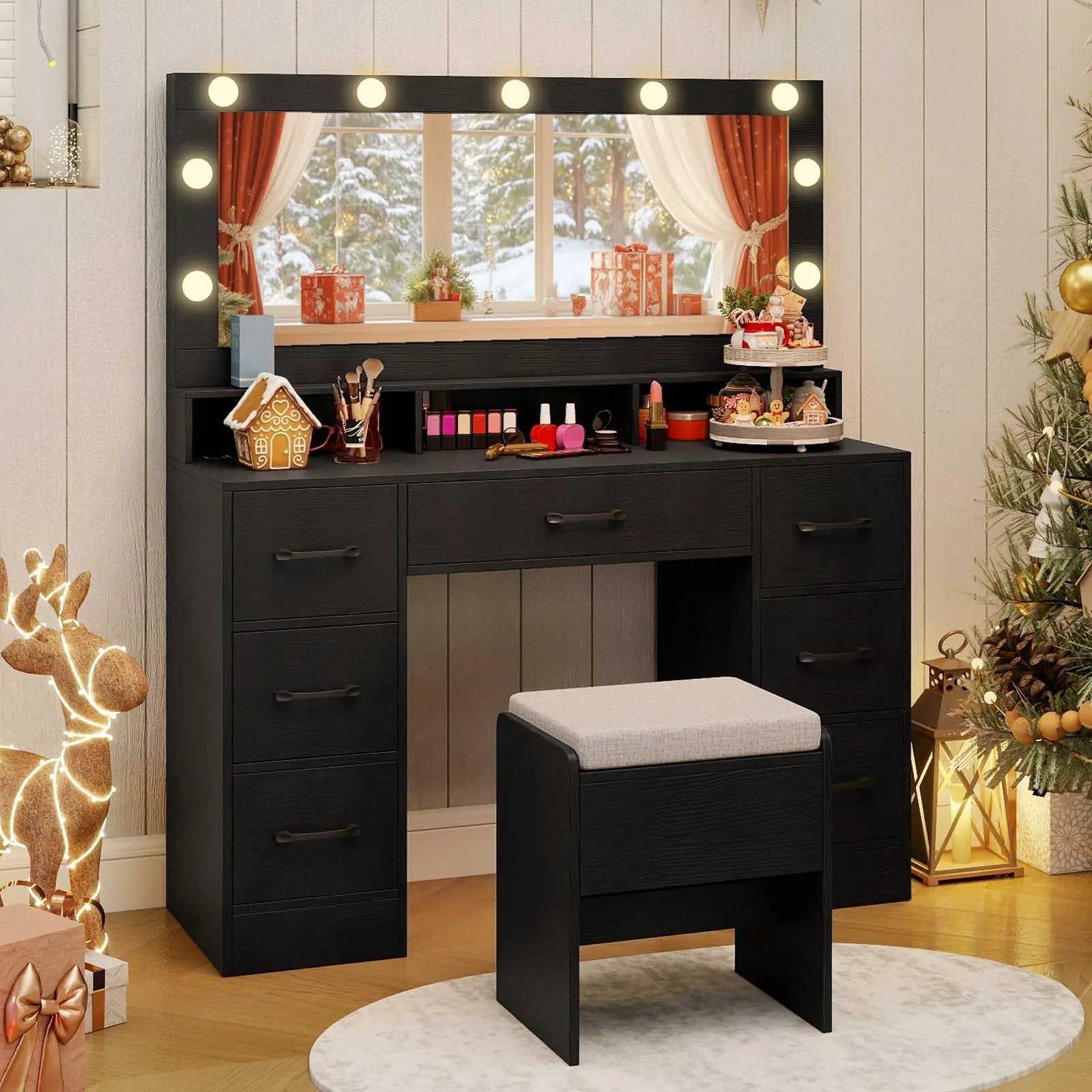 Vanity Desk with Mirror and Lights Makeup Table with Power Outlets by DirectDeals