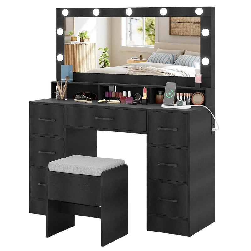 Vanity Desk with Mirror and Lights Makeup Table with Power Outlets by DirectDeals