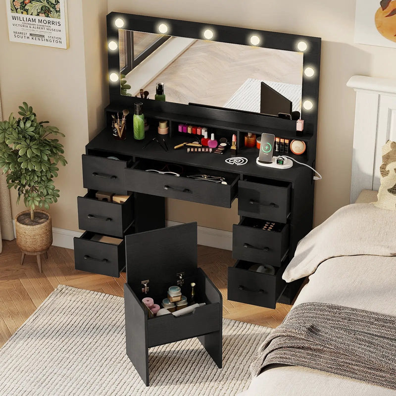 Vanity Desk with Mirror and Lights Makeup Table with Power Outlets by DirectDeals