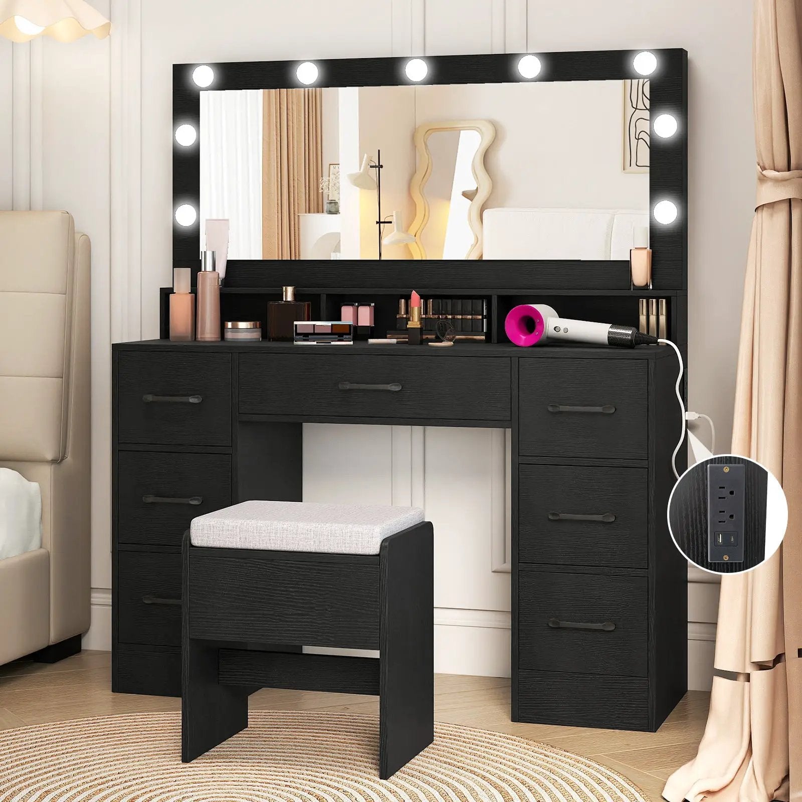 Vanity Desk with Mirror and Lights Makeup Table with Power Outlets by DirectDeals