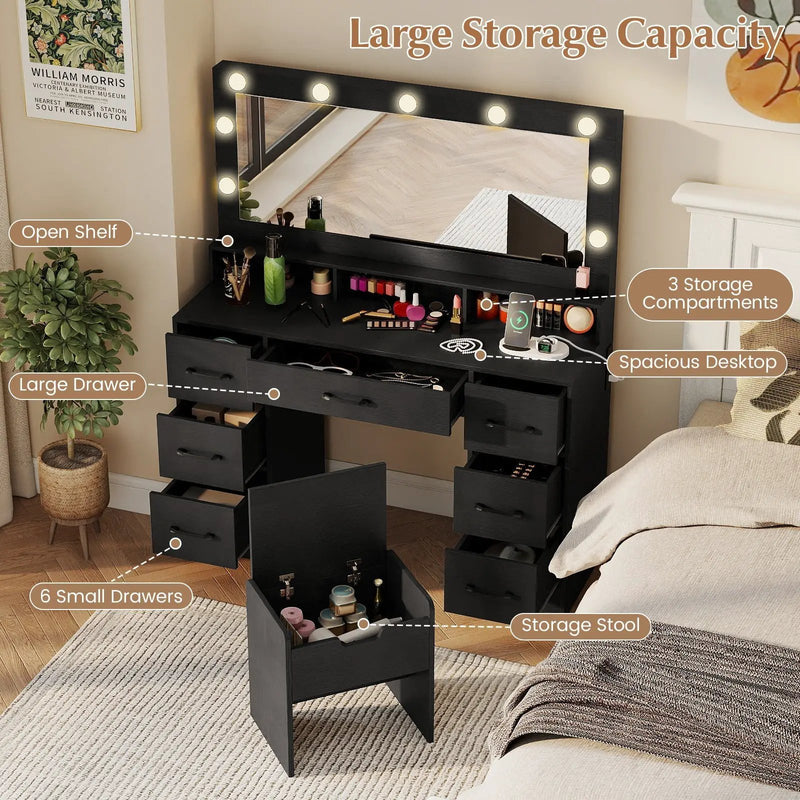 Vanity Desk with Mirror and Lights Makeup Table with Power Outlets by DirectDeals