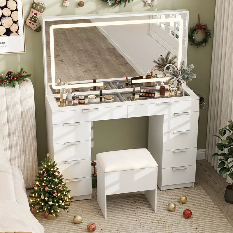 Vanity Desk with Lighted Mirror and Charging Station by DirectDeals