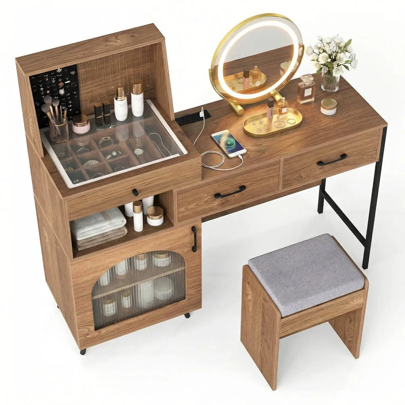 Vanity Desk with Lighted Mirror & Jewelry Storage by DirectDeals