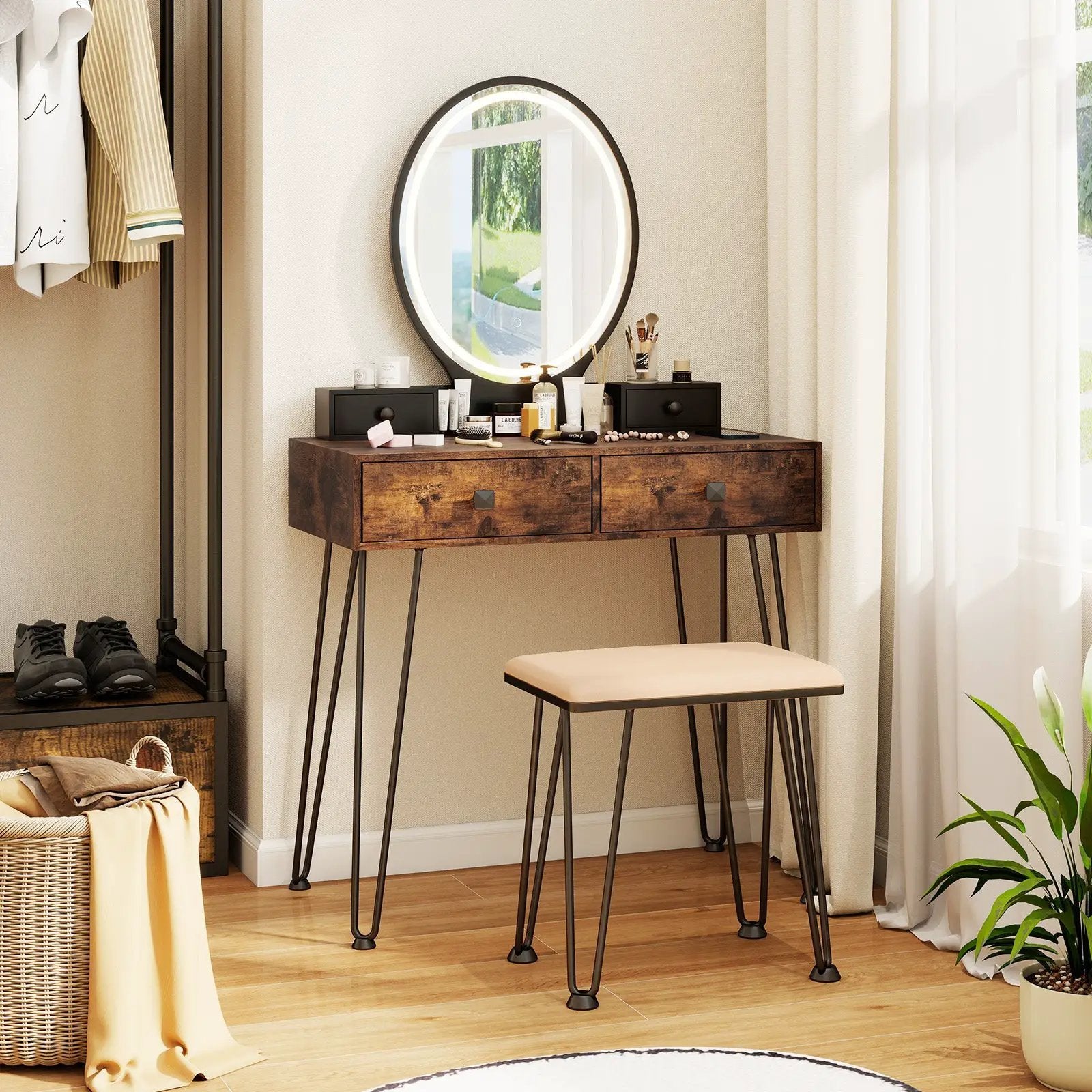 Vanity Table Set with 3-Color Lighted Dimmable Mirror by DirectDeals
