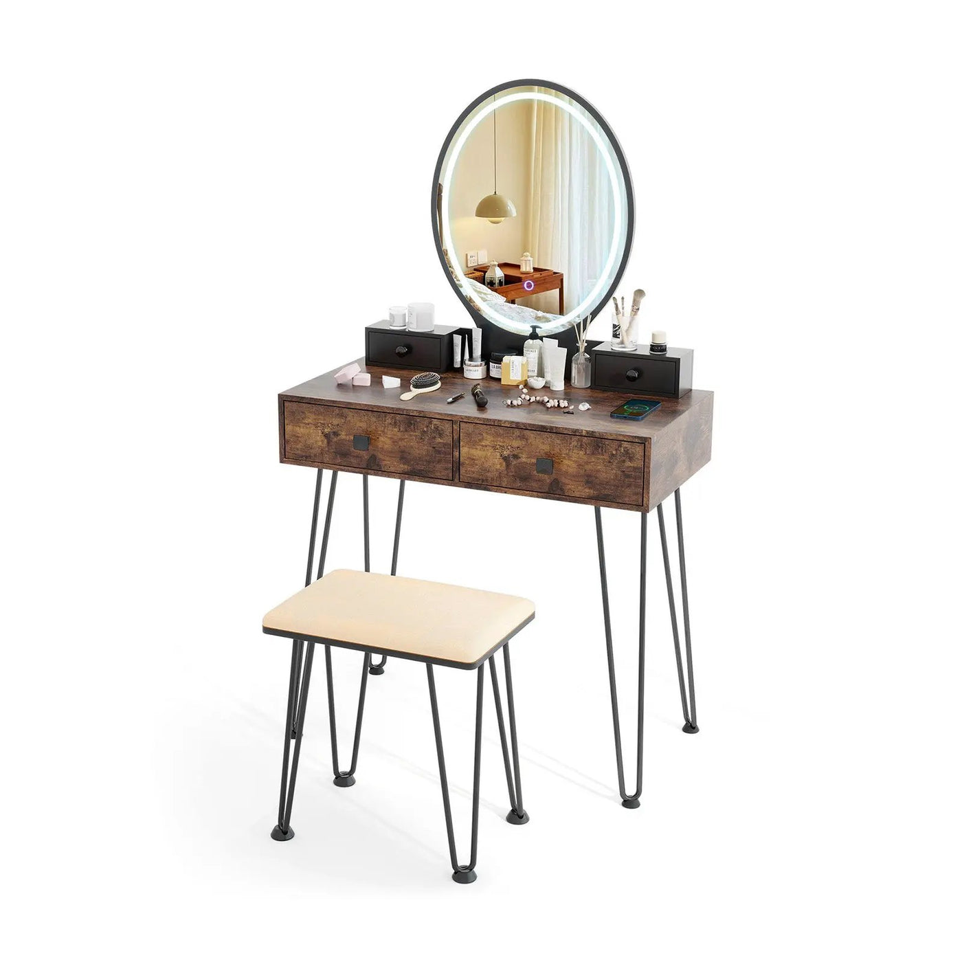 Vanity Table Set with 3-Color Lighted Dimmable Mirror by DirectDeals