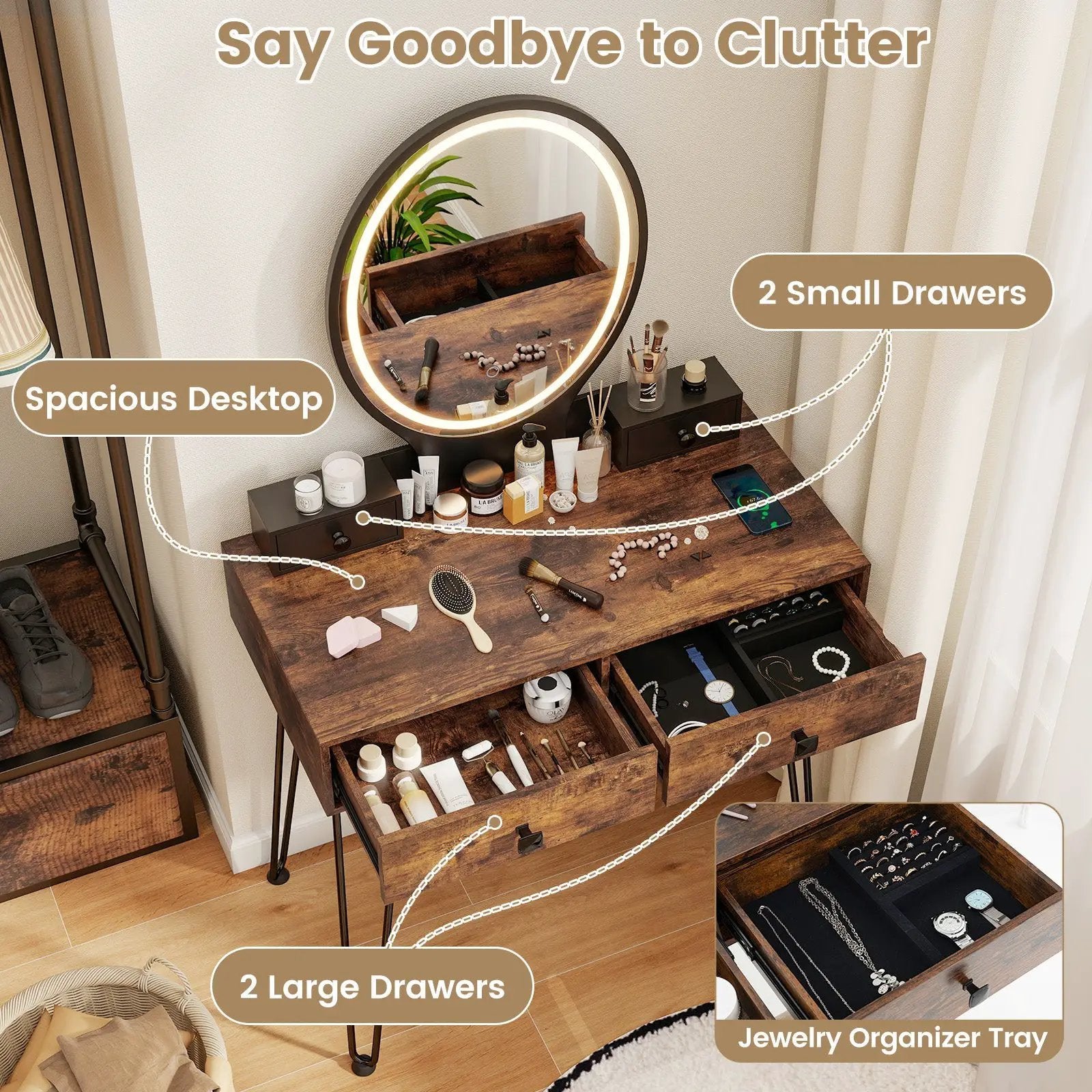 Vanity Table Set with 3-Color Lighted Dimmable Mirror by DirectDeals
