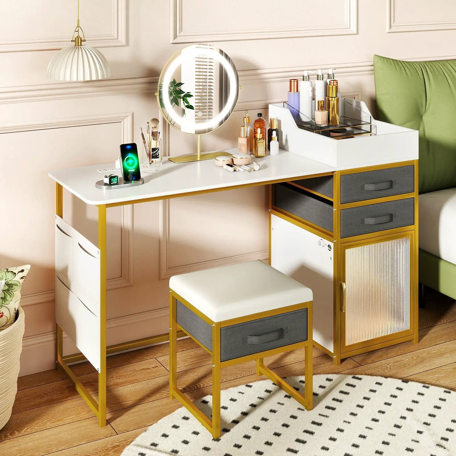 Vanity Desk with Rotatable Lighted Mirror 55 Inch Makeup Vanity Table-White by DirectDeals