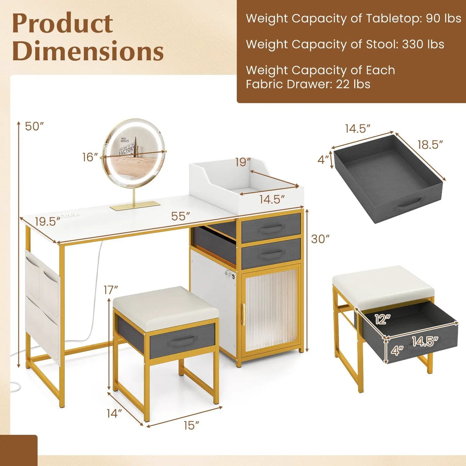 Vanity Desk with Rotatable Lighted Mirror 55 Inch Makeup Vanity Table-White by DirectDeals