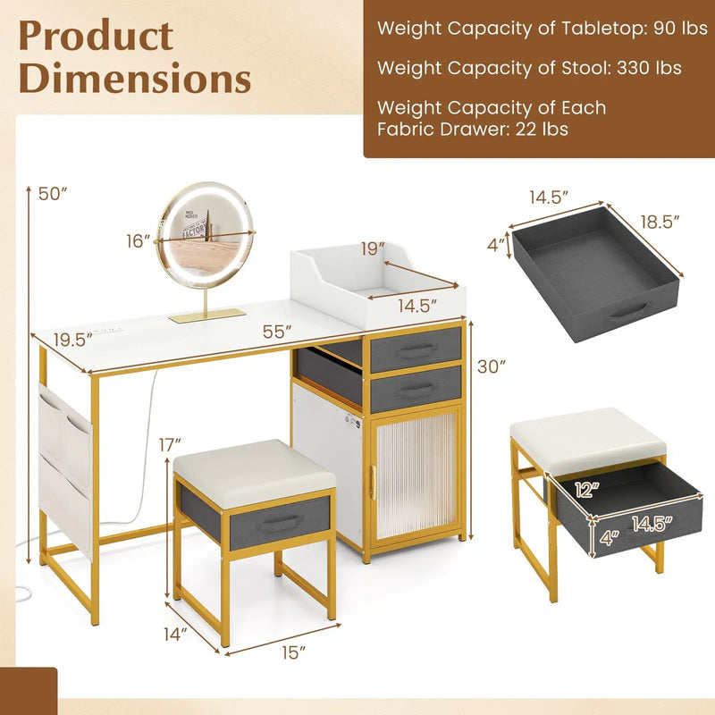 Vanity Desk with Rotatable Lighted Mirror 55 Inch Makeup Vanity Table-White by DirectDeals