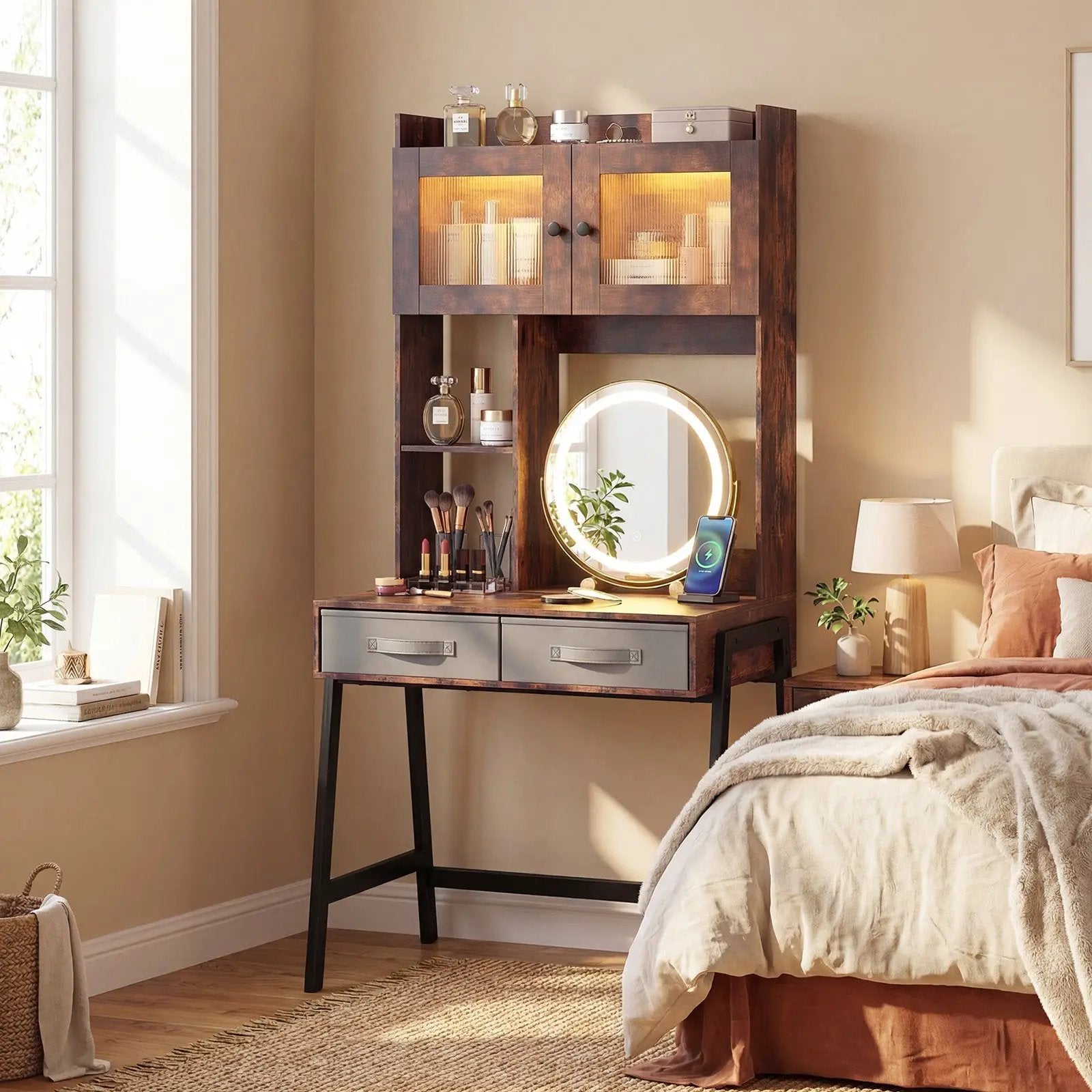 Vanity Desk with Rotatable Mirror and Lights Modern Dressing Table with 3 Light Colors-Brown by DirectDeals