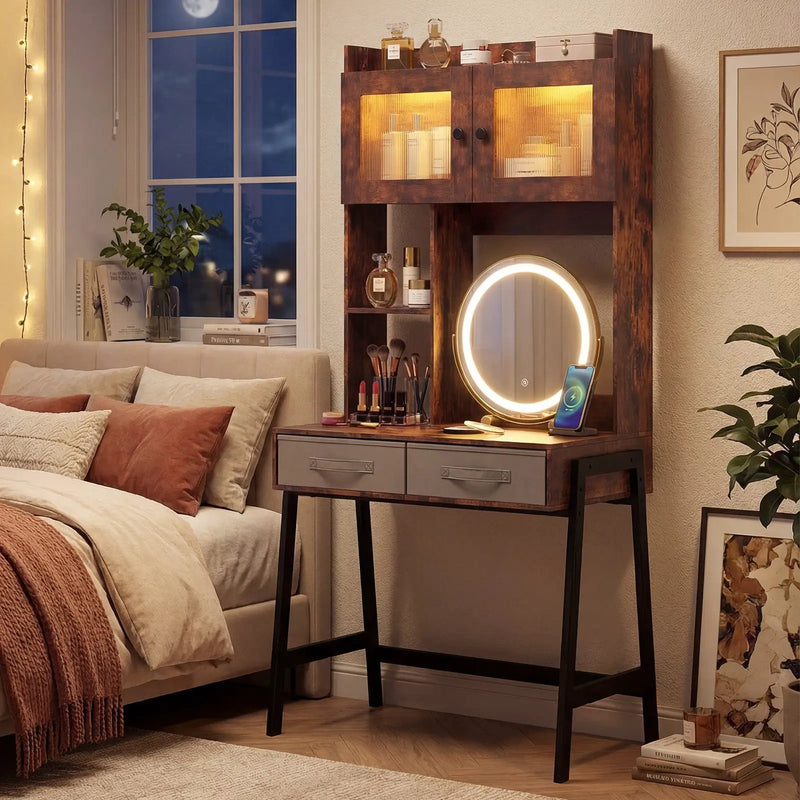 Vanity Desk with Rotatable Mirror and Lights Modern Dressing Table with 3 Light Colors-Brown by DirectDeals