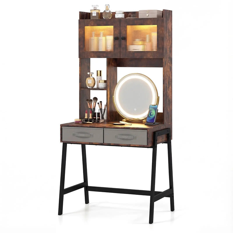 Vanity Desk with Rotatable Mirror and Lights Modern Dressing Table with 3 Light Colors-Brown by DirectDeals