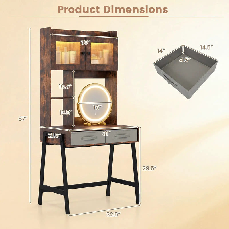 Vanity Desk with Rotatable Mirror and Lights Modern Dressing Table with 3 Light Colors-Brown by DirectDeals