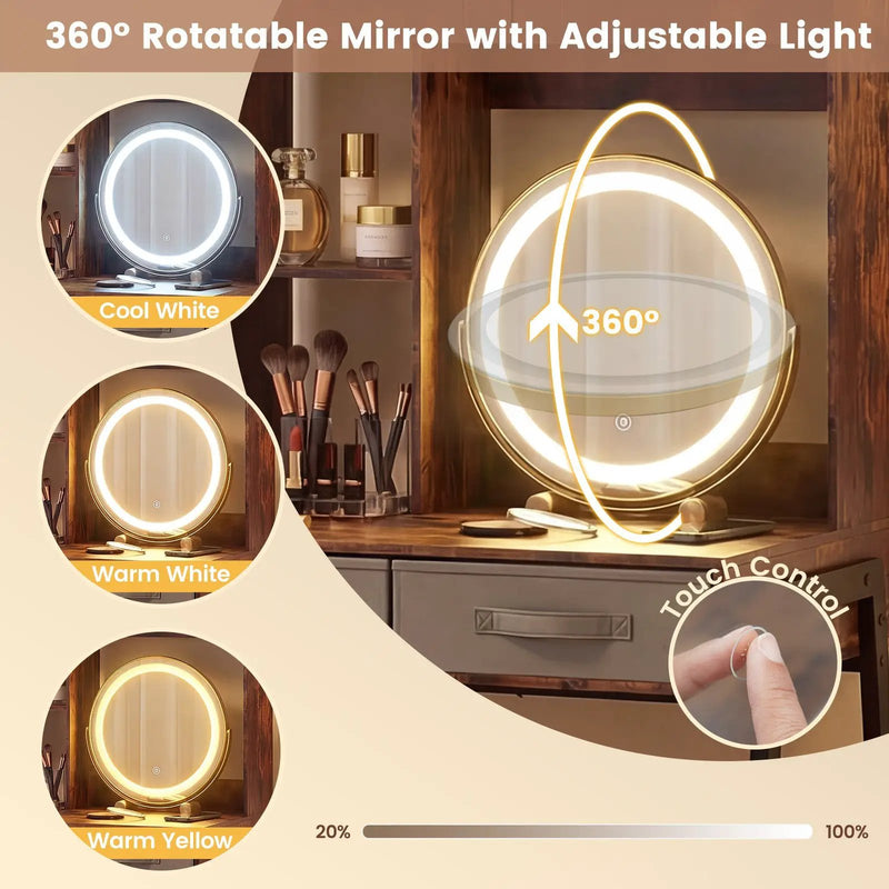Vanity Desk with Rotatable Mirror and Lights Modern Dressing Table with 3 Light Colors-Brown by DirectDeals