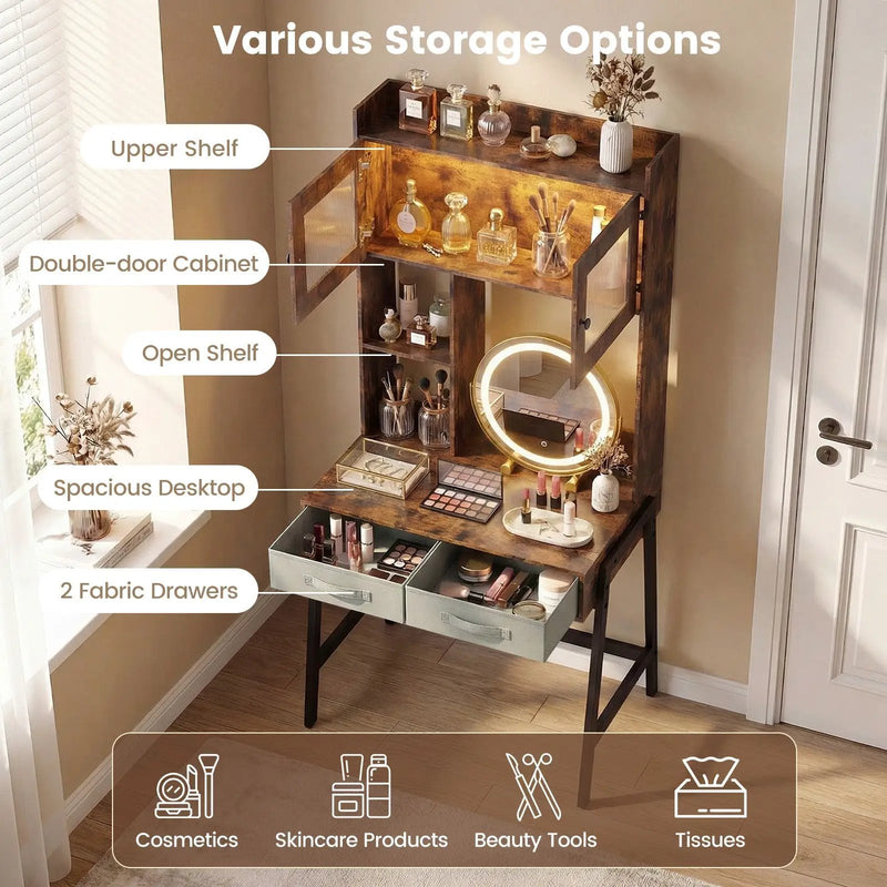 Vanity Desk with Rotatable Mirror and Lights Modern Dressing Table with 3 Light Colors-Brown by DirectDeals