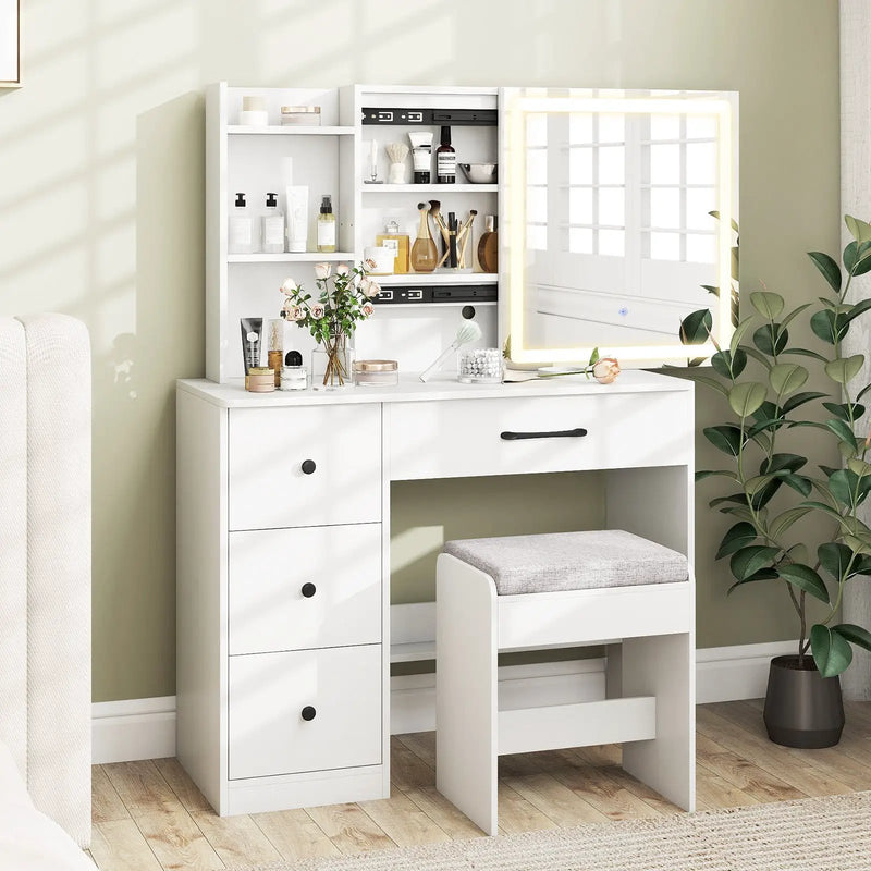 Vanity Desk with Sliding Mirror and Lights Makeup Table and Chair Set with 4 Drawers-White by DirectDeals