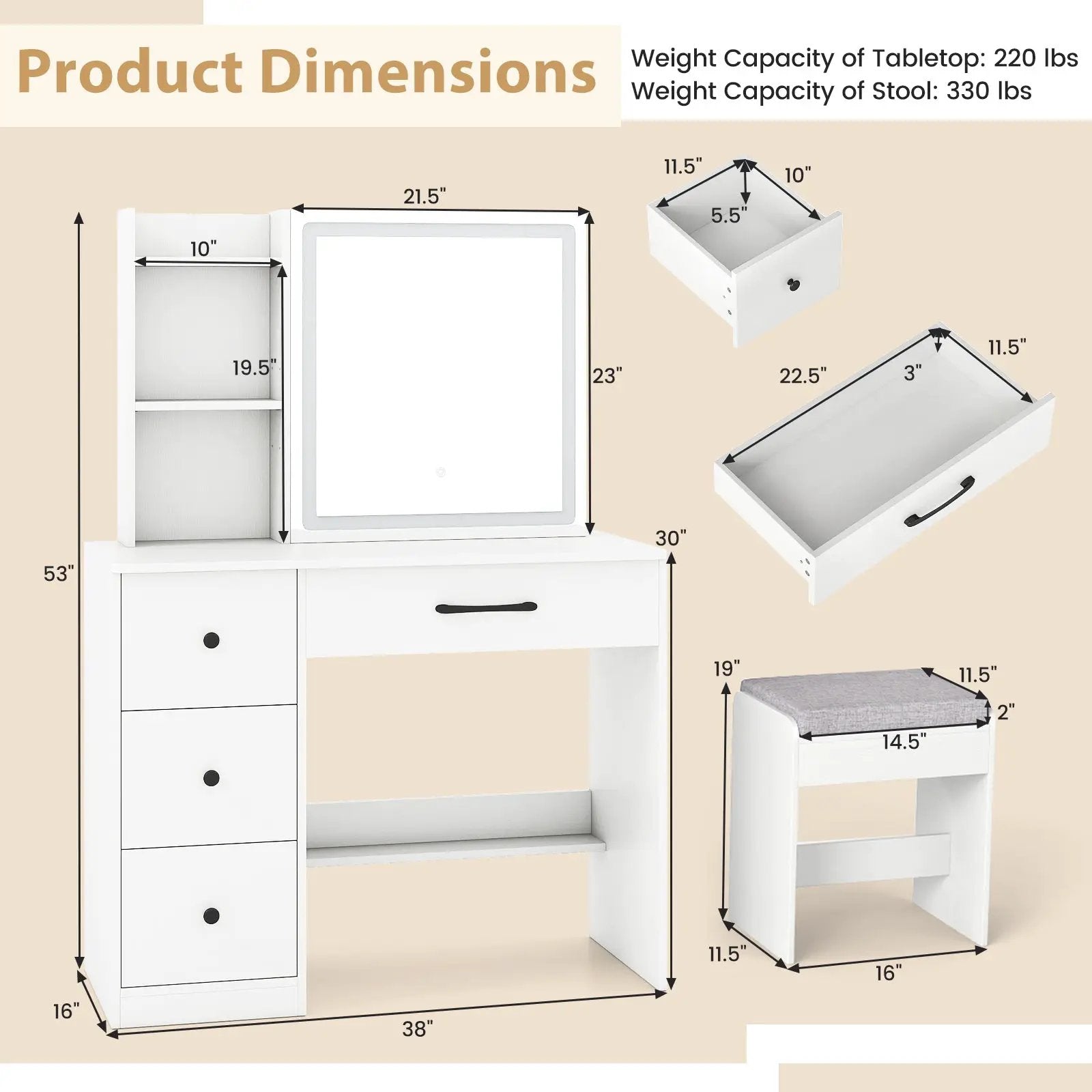 Vanity Desk with Sliding Mirror and Lights Makeup Table and Chair Set with 4 Drawers-White by DirectDeals