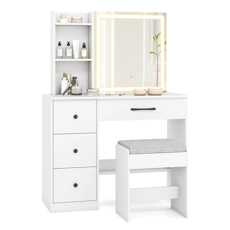 Vanity Desk with Sliding Mirror and Lights Makeup Table and Chair Set with 4 Drawers-White by DirectDeals