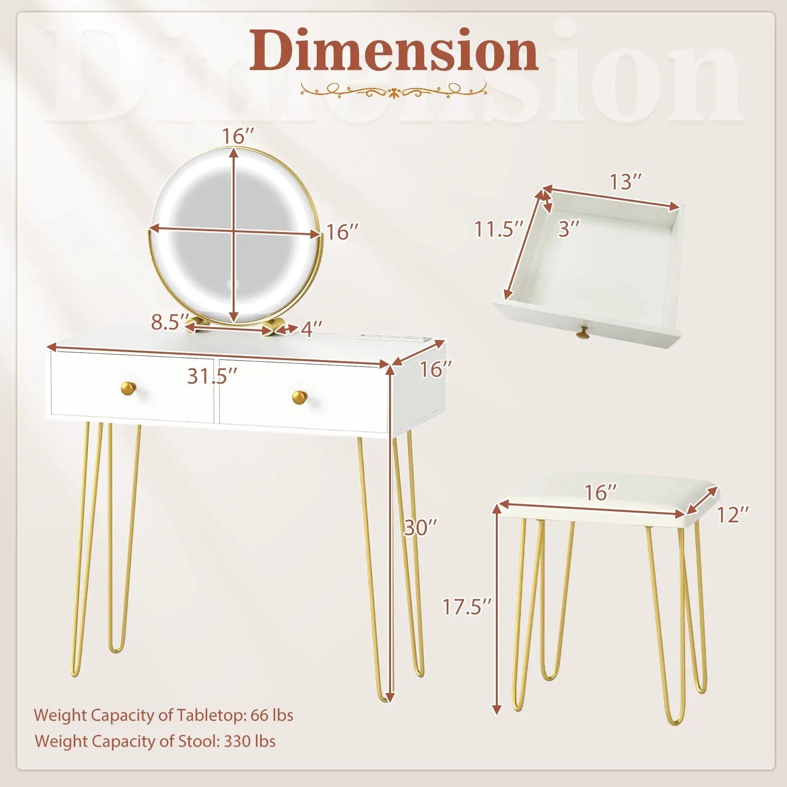Vanity Desk with with Lighted Adjustable Mirror for Bedroom by DirectDeals