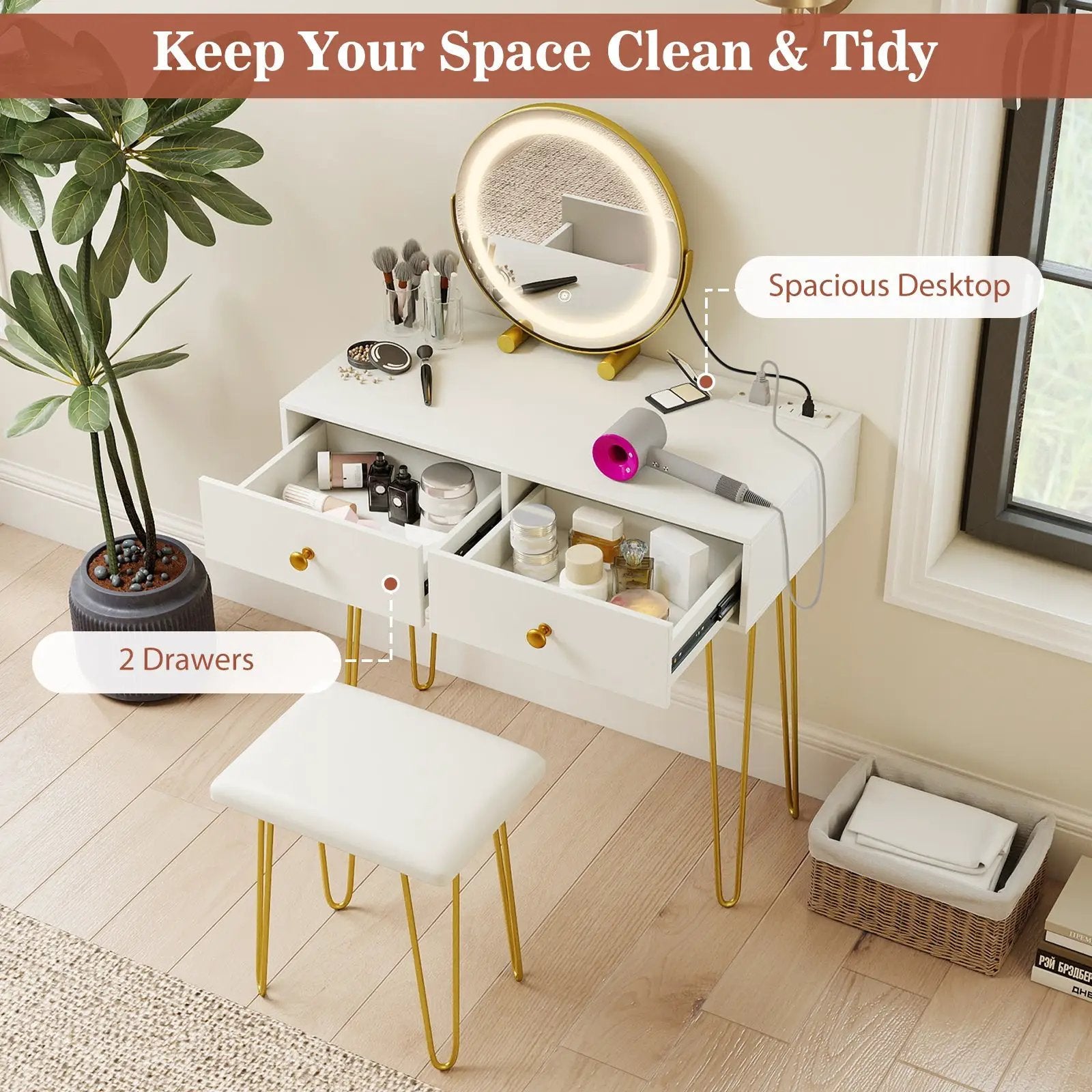 Vanity Desk with with Lighted Adjustable Mirror for Bedroom by DirectDeals