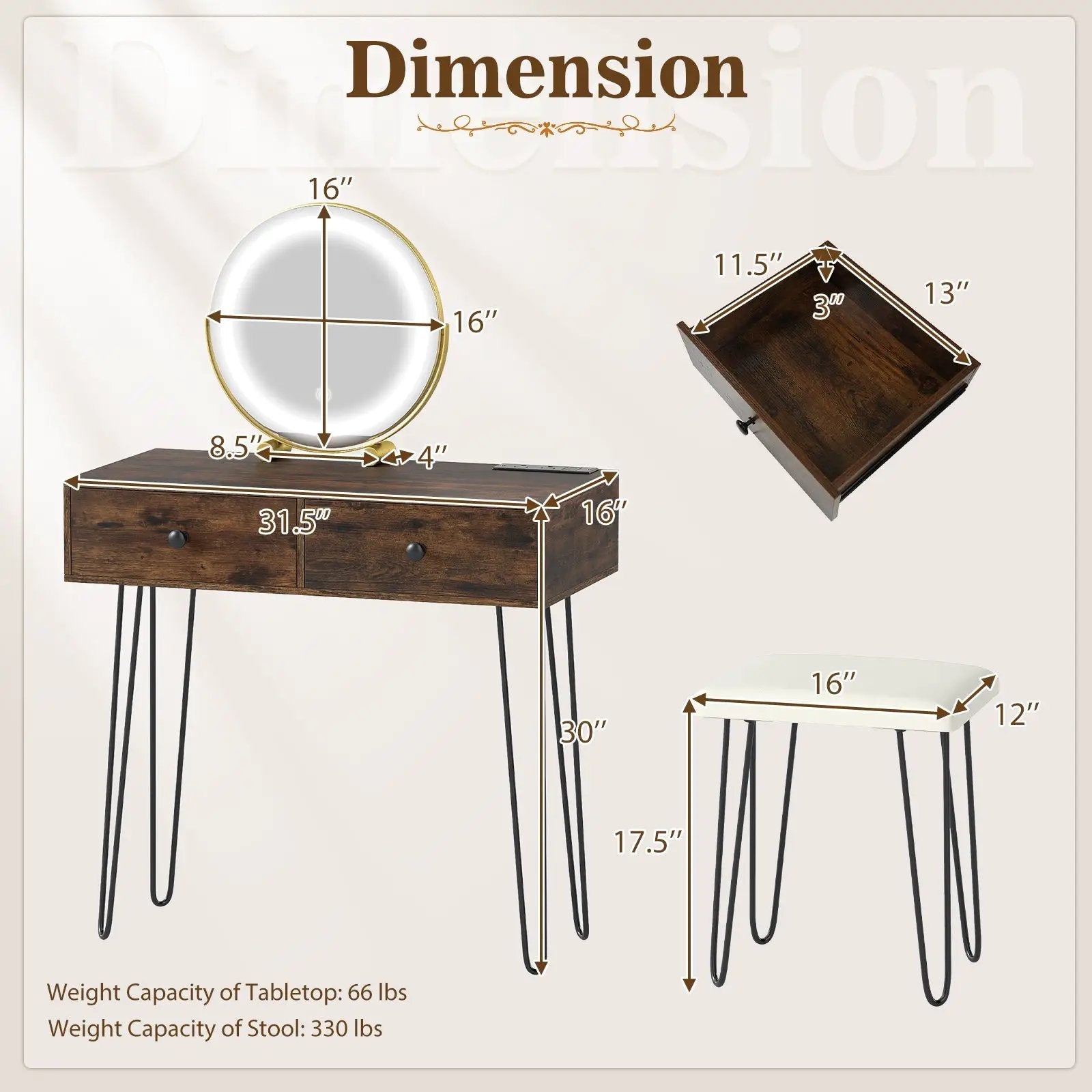 Vanity Desk with with Lighted Adjustable Mirror for Bedroom by DirectDeals