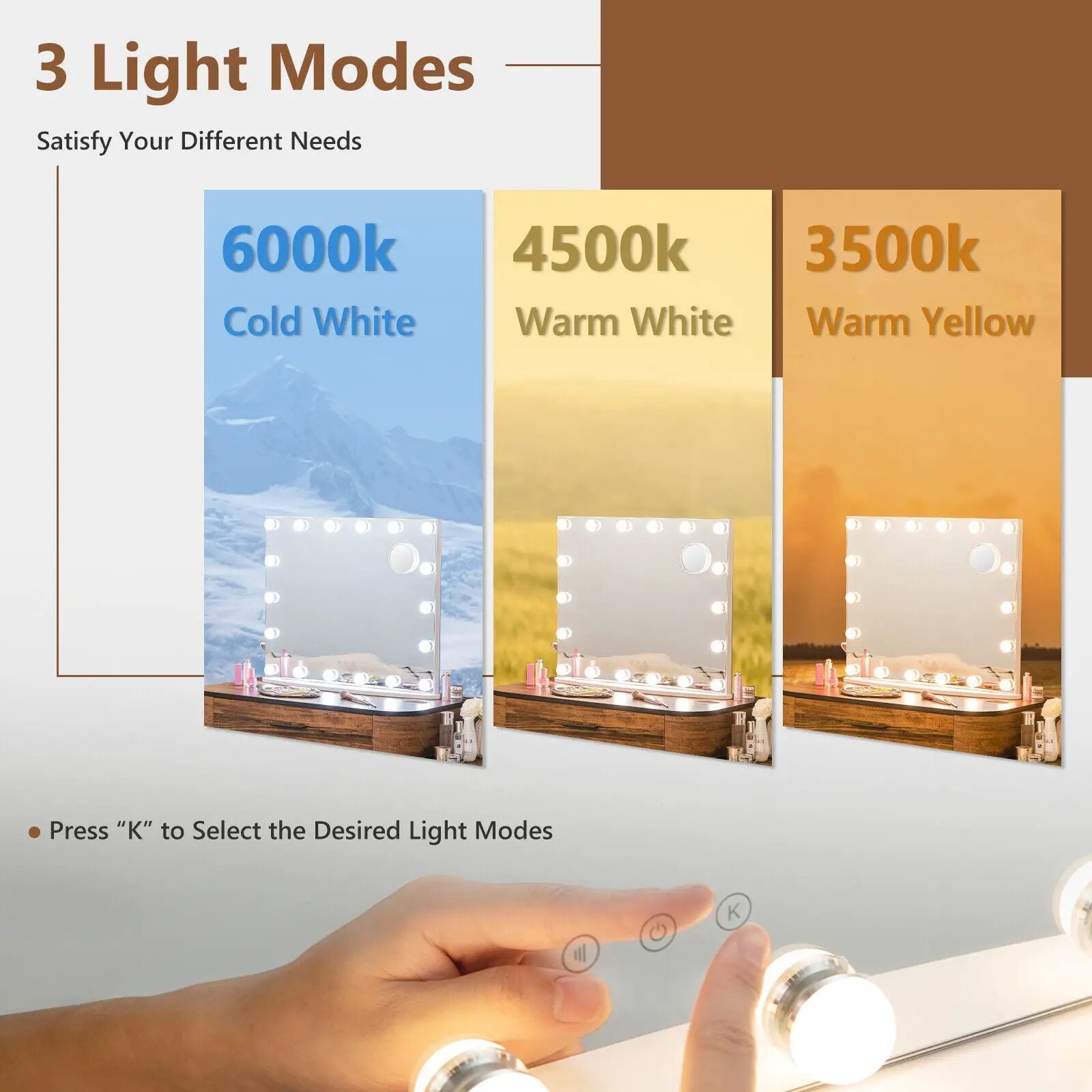 Vanity Mirror with 18 Dimmable LED Bulbs and 3 Color Lighting Modes-White by DirectDeals