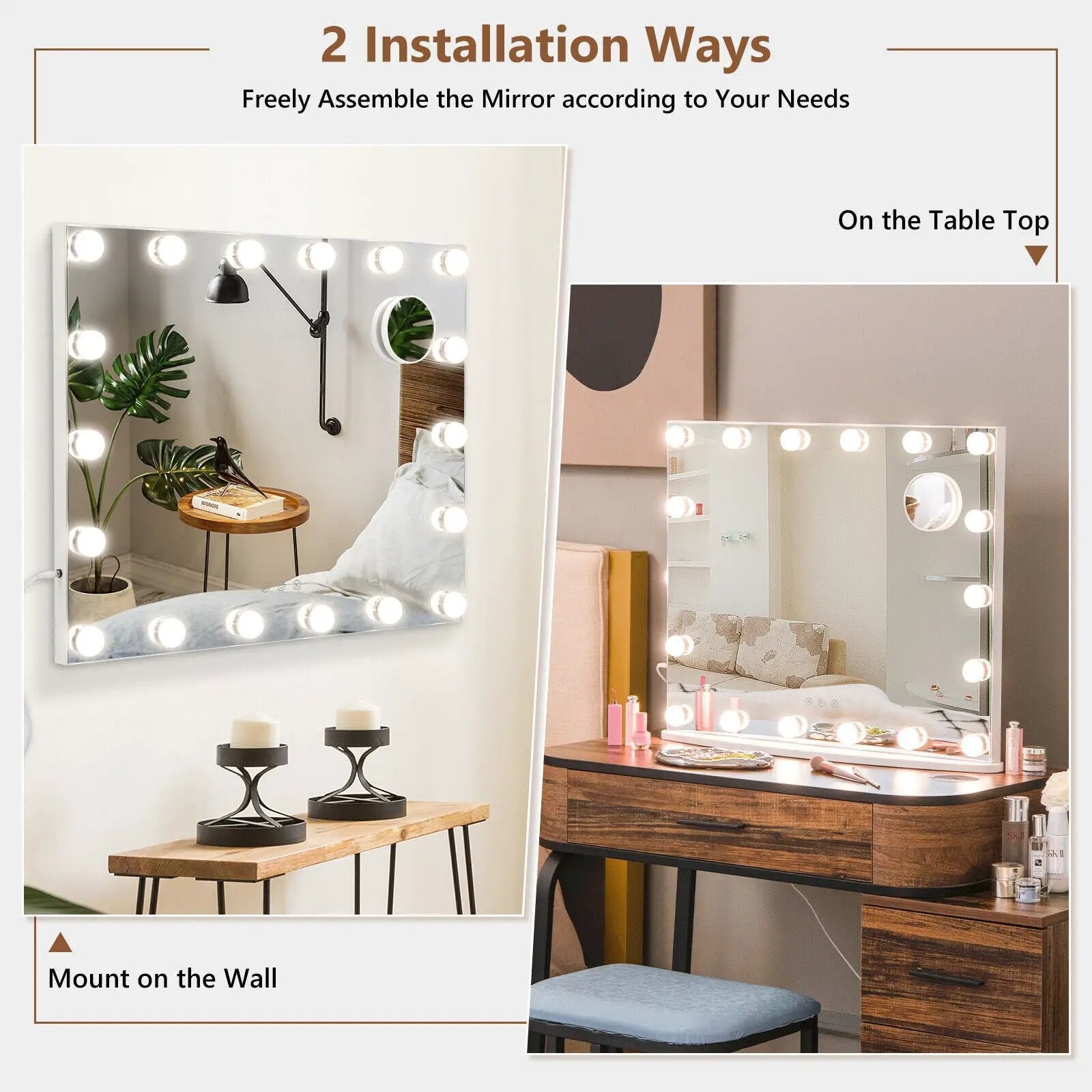 Vanity Mirror with 18 Dimmable LED Bulbs and 3 Color Lighting Modes-White by DirectDeals
