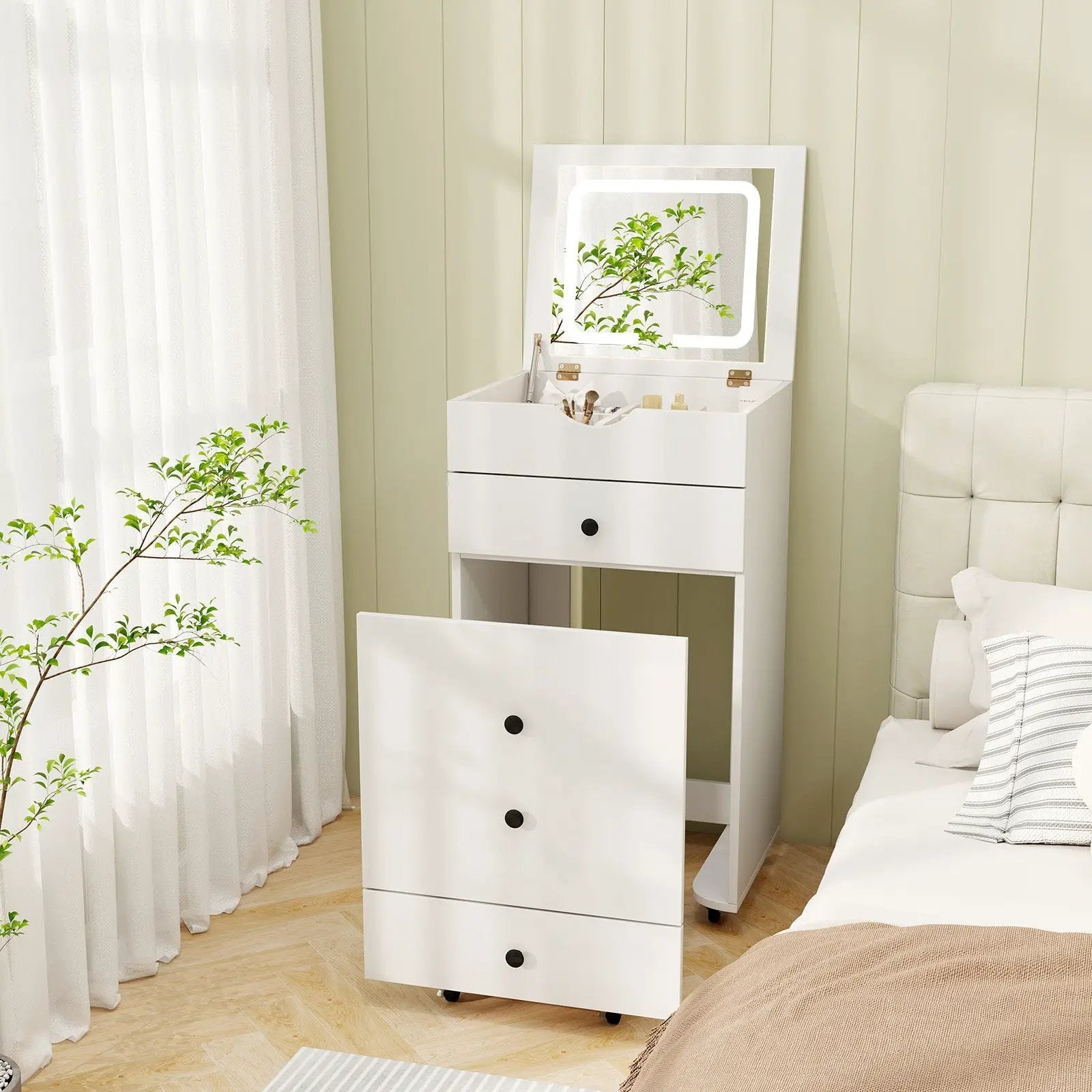 3-in-1 Vanity Set with Cushioned Stool and Flip-up Mirror-White by DirectDeals