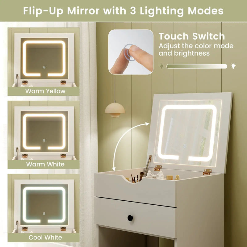 3-in-1 Vanity Set with Cushioned Stool and Flip-up Mirror-White by DirectDeals